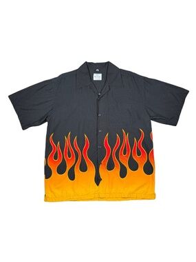 Y2K Skater Cyberpunk Black Button Down With Red And Orange Gradient Flame Print